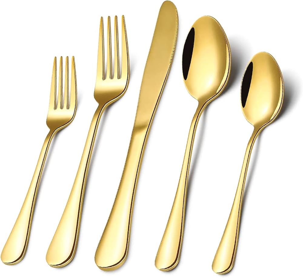 Gold Stainless Steel Flatware Silverware Set of 5: Big Fork, Small Fork, Knife, Big Spoon, Small Spoon 